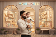 Crie uma imagem de uma loja online chamada Moms House, com uma fachada acolhedora ao fundo. Na entrada da loja, mostre um pai latino, com traços brasileiros, segurando um bebê de colo. O bebê deve estar vestindo um macacão fofo e colorido. O pai e o bebê devem estar sorridentes, transmitindo uma atmosfera de alegria e carinho. Ao fundo, dentro da loja, inclua uma variedade de produtos, como brinquedos, acessórios para mamadeiras, bicos, e itens de decoração para o quarto do bebê. A paleta de cores deve ser